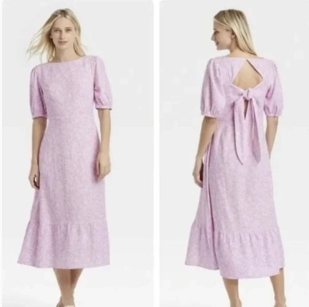 2/$15 Who What Wear Floral Linen Blend Midi Dress Purple Size S